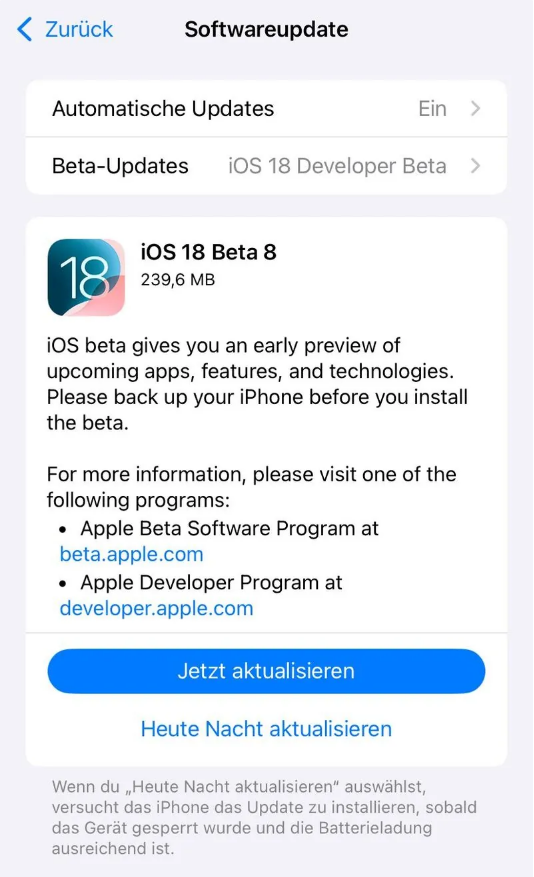 沁源苹果手机维修分享苹果 iOS / iPadOS 18 开发者预览版 Beta 8 发布 